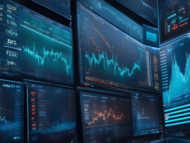 주식 차트 모습을 보여주는 모니터 화면들