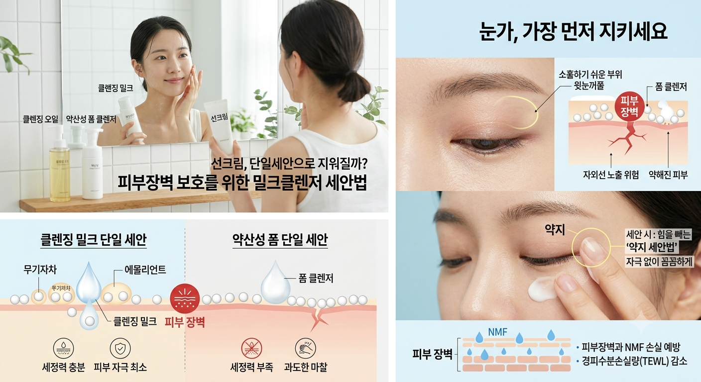 선크림 단일 세안으로 지워질까 밀크 클렌저를 활용한 피부 장벽 보호 세안법(약해서 소홀했던 눈가 피부, 힘을 빼는 '약지 세안법'