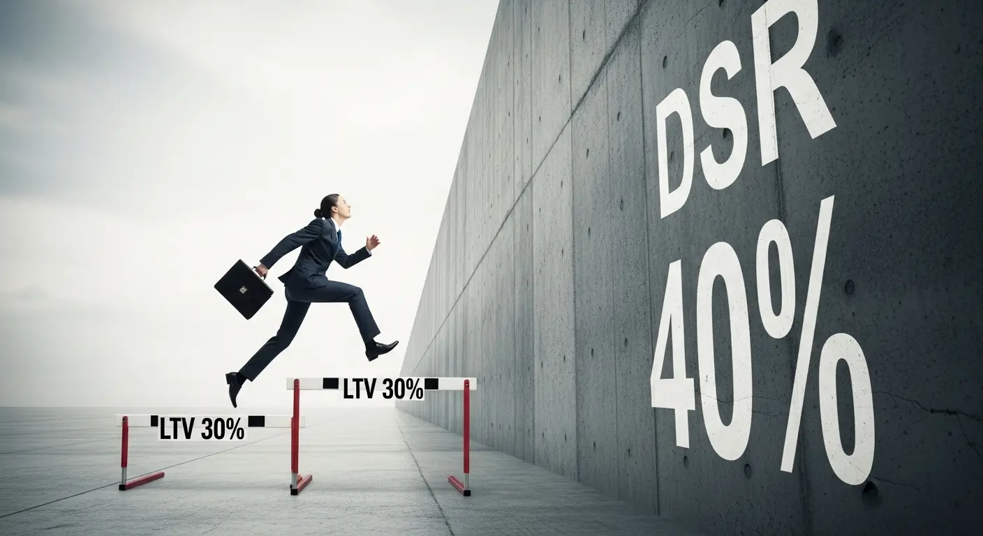 LTV라는 낮은 허들을 넘었지만 DSR이라는 더 높은 벽에 막혀있는 대출 신청자의 모습을 표현한 이미지