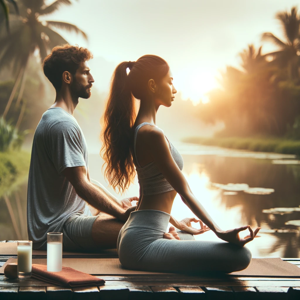 호수 위에서 명상하는 남여