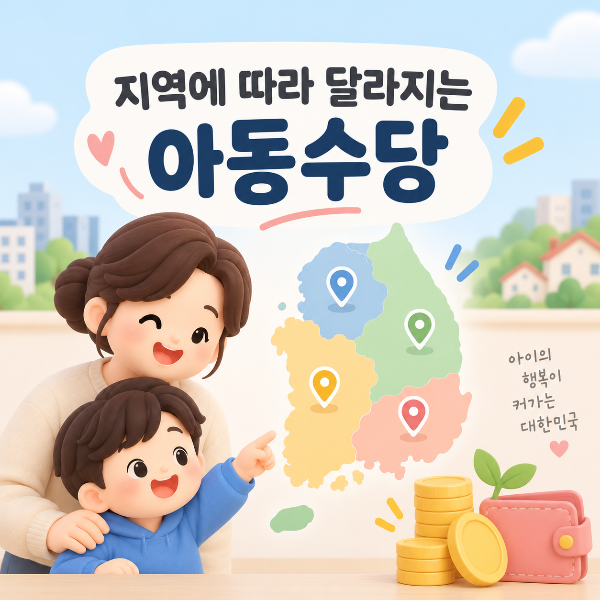지역에 따라 달라지는 아동수당을 지도와 동전으로 표현한 이미지