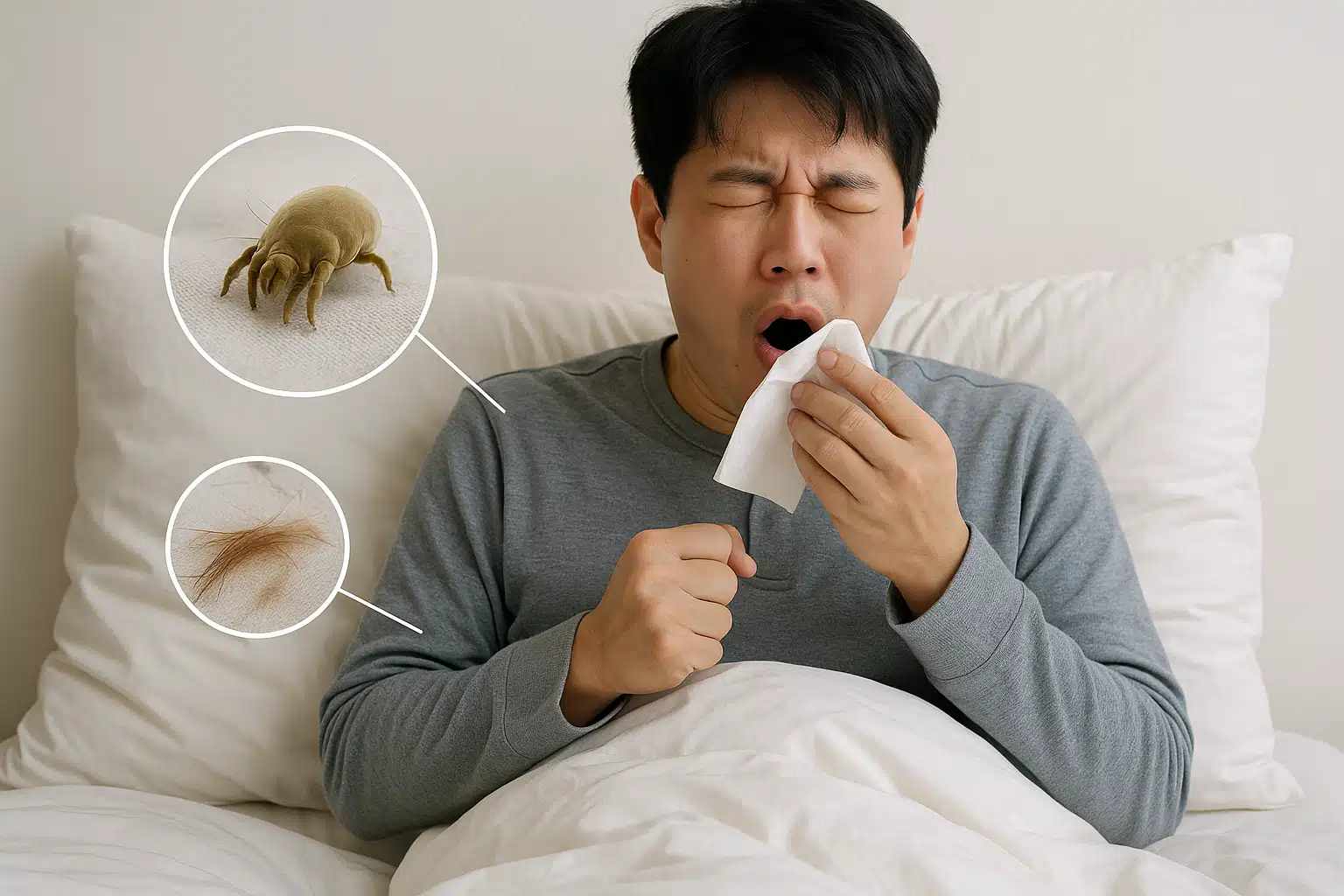 침구에서 집먼지진드기와 반려동물 털에 노출된 사람 — 재채기와 가래를 동반하는 모습