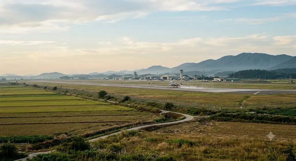 전투기가 이륙하는 군 공항 활주로를 멀리서 바라보는 구도