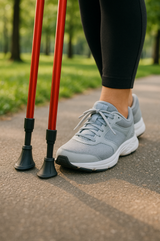 노르딕워킹을 시작하는 한국인의 운동화와 폴 장비