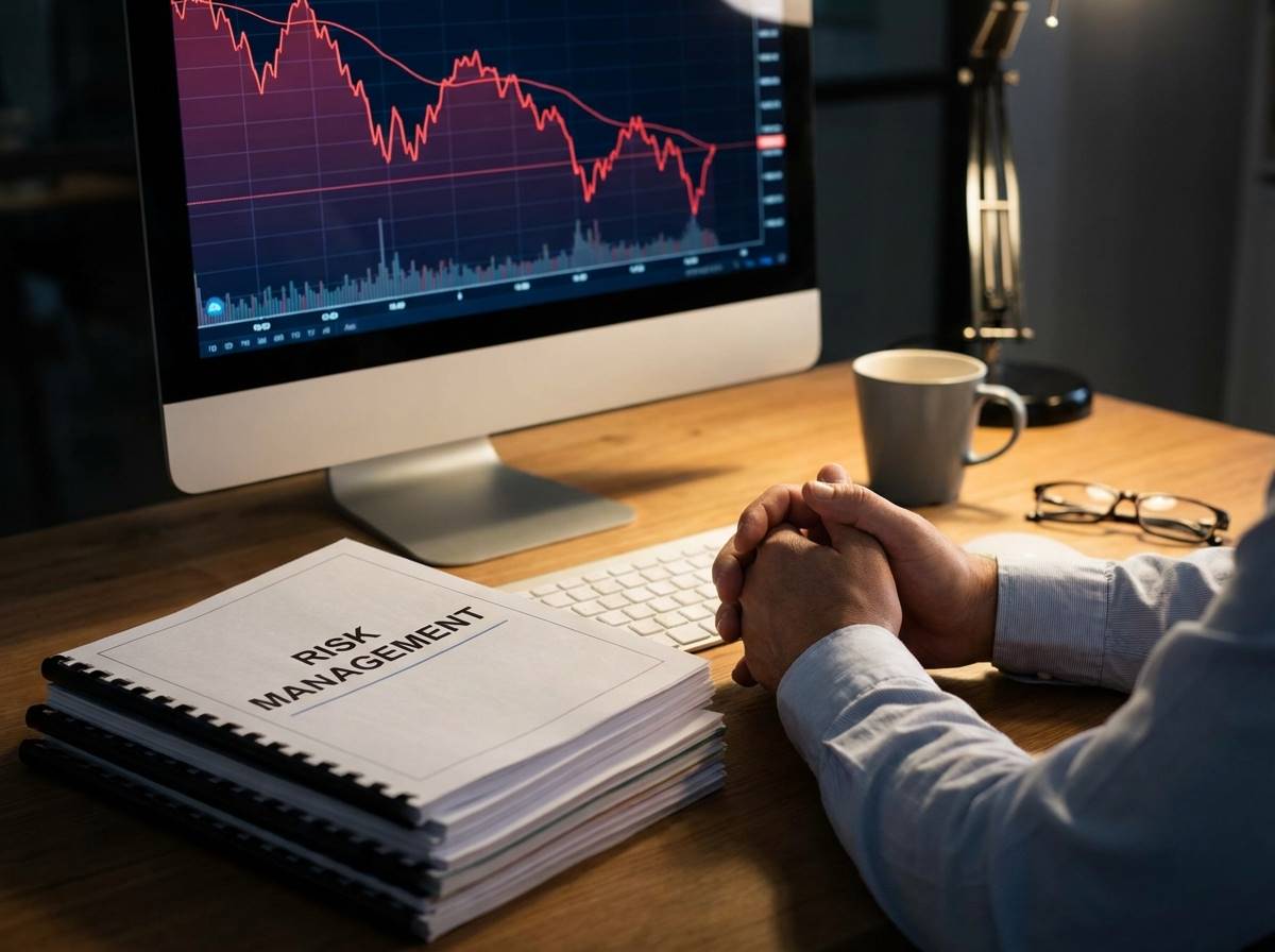 하락하는 주가 차트 앞에서 고민하는 투자자의 손과 그 옆에 놓인 '리스크 관리'라고 적힌 서류 뭉치, 차분하고 진지한 분위기