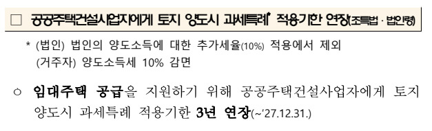 공공주택건설자업자에게 토지 양도세 과세특례 적용기한 연장