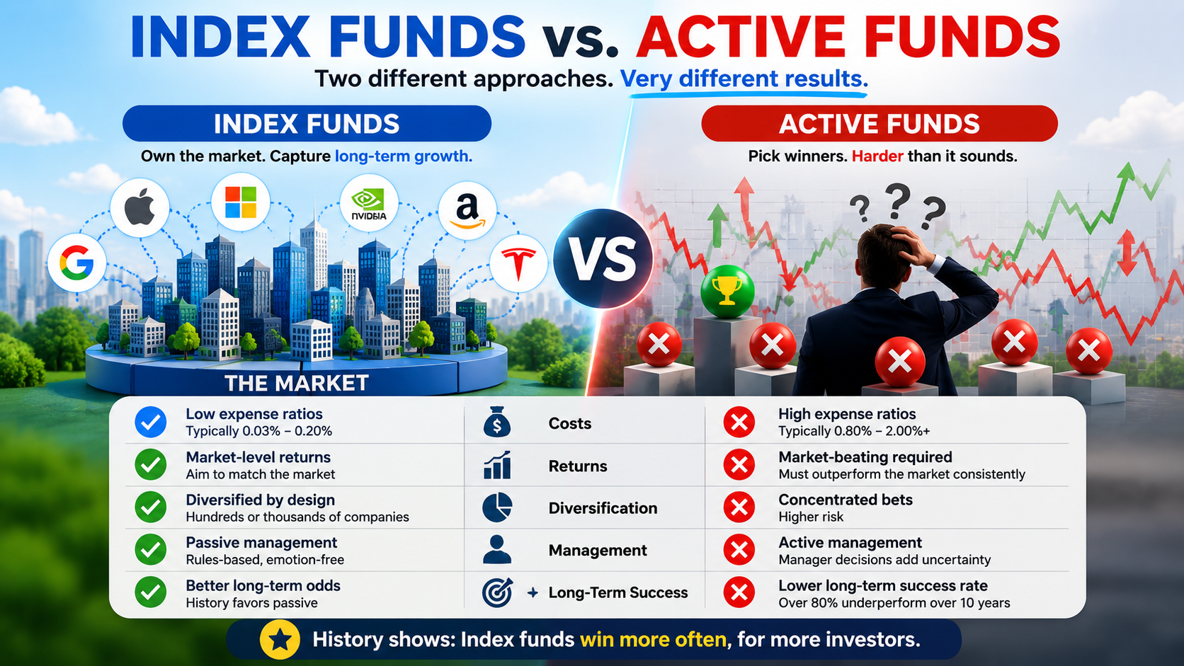 Comparison of index funds and active funds showing fees, diversification, investment approach, and long-term investing outcomes.
