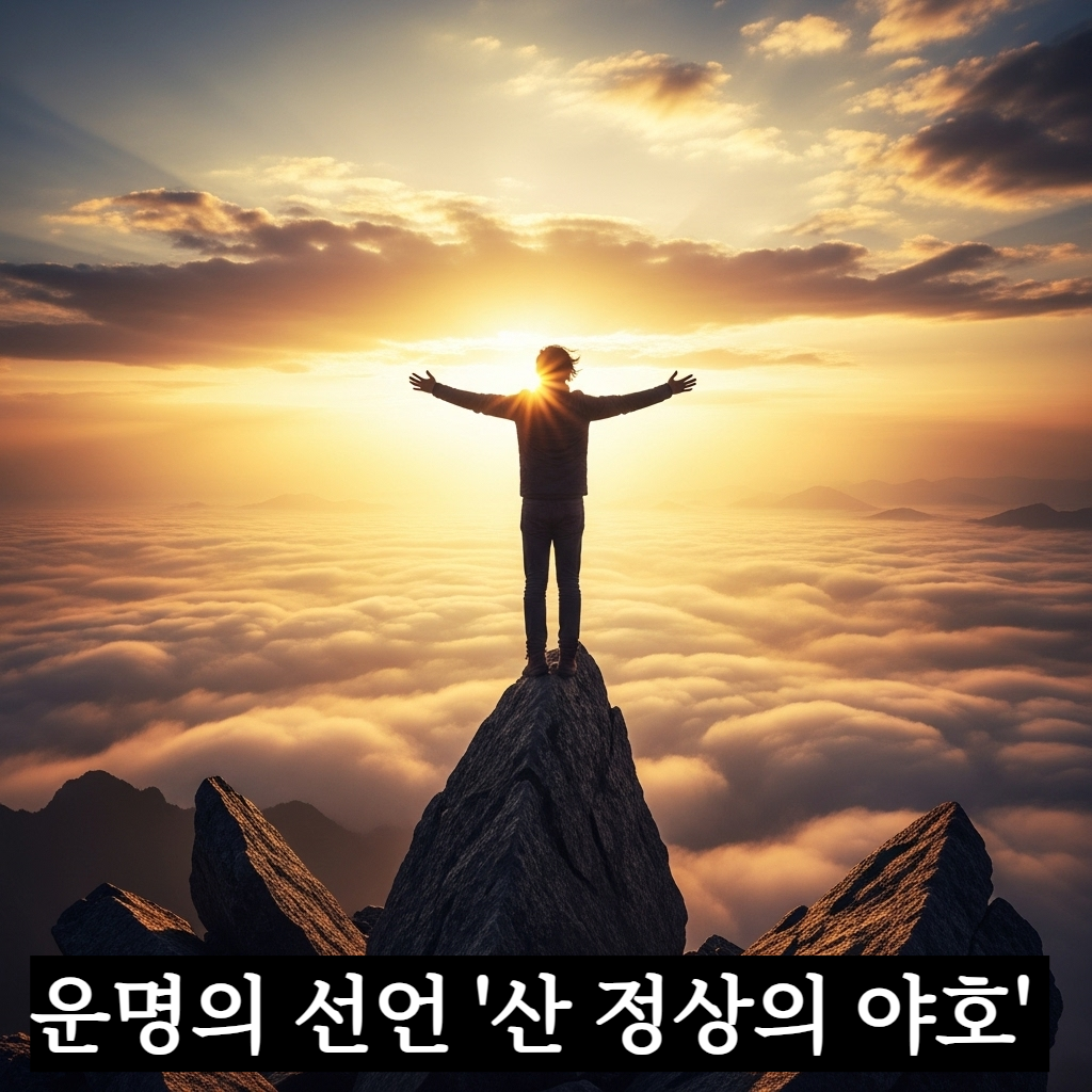 안개 낀 산 정상에 우뚝 서서 구름 위를 바라보며 두 팔을 벌려 야호를 외치는 한국인 남성의 뒷모습과 찬란한 해돋이 배경의 일러스트