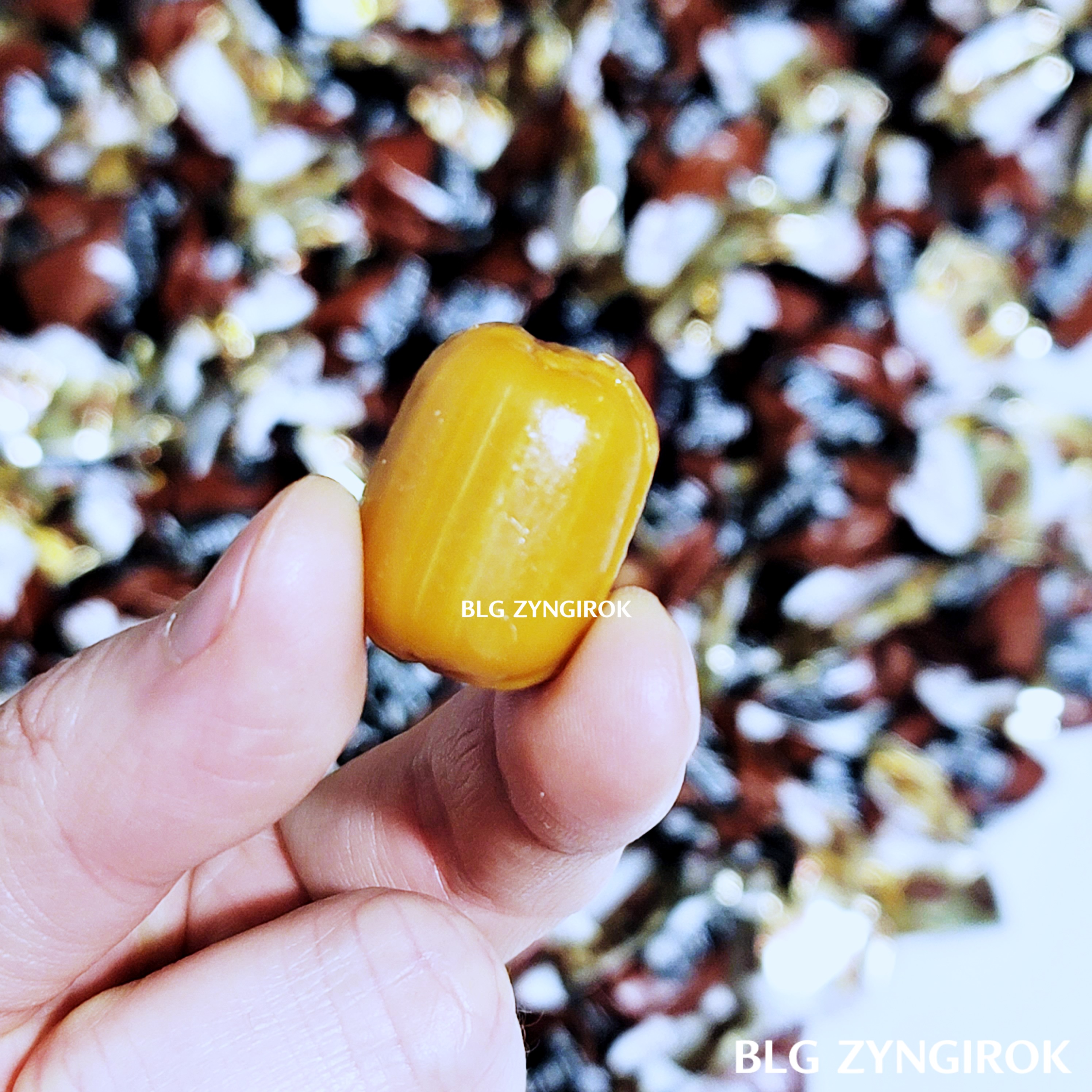 껍질을 깐 트레핀 커피사탕을 하나 들고 있는 모습이다.