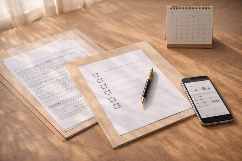 기초연금 신청을 준비하며 서류 목록과 일정을 정리하는 중년의 일상 장면