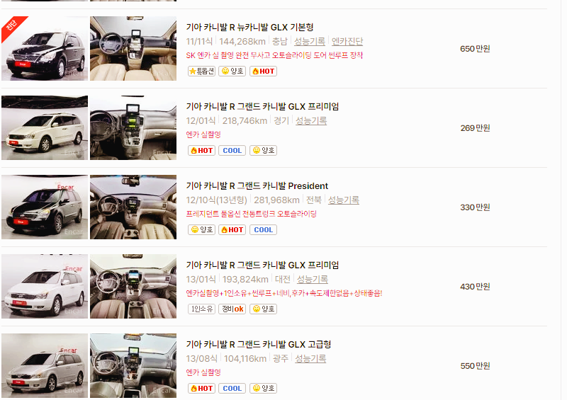 기아 카니발 중고차 가격 시세표 24년10월