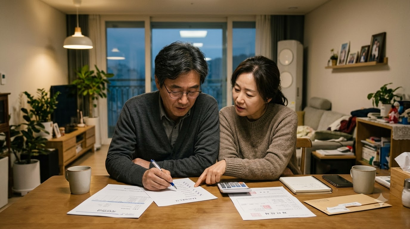 거실 테이블에 연금 안내문과 재산세 고지서를 펼쳐 놓고 체크리스트에 표시하는 50대 부부