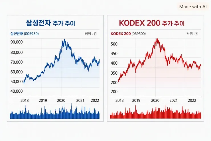 삼성전자와 KODEX200 주가 차트 @AI생성