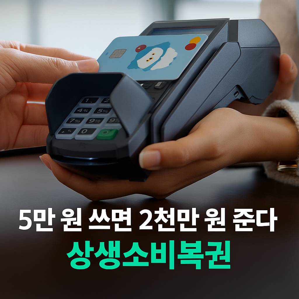상생소비복권 안내, 5만 원 쓰면 2천만 원 당첨 기회, 카드 단말기에 카드 결제하는 장면