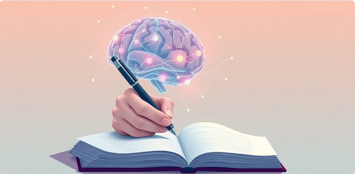 노트에 글을 쓰는 손과 빛나는 뇌 회로가 있는 이미지
