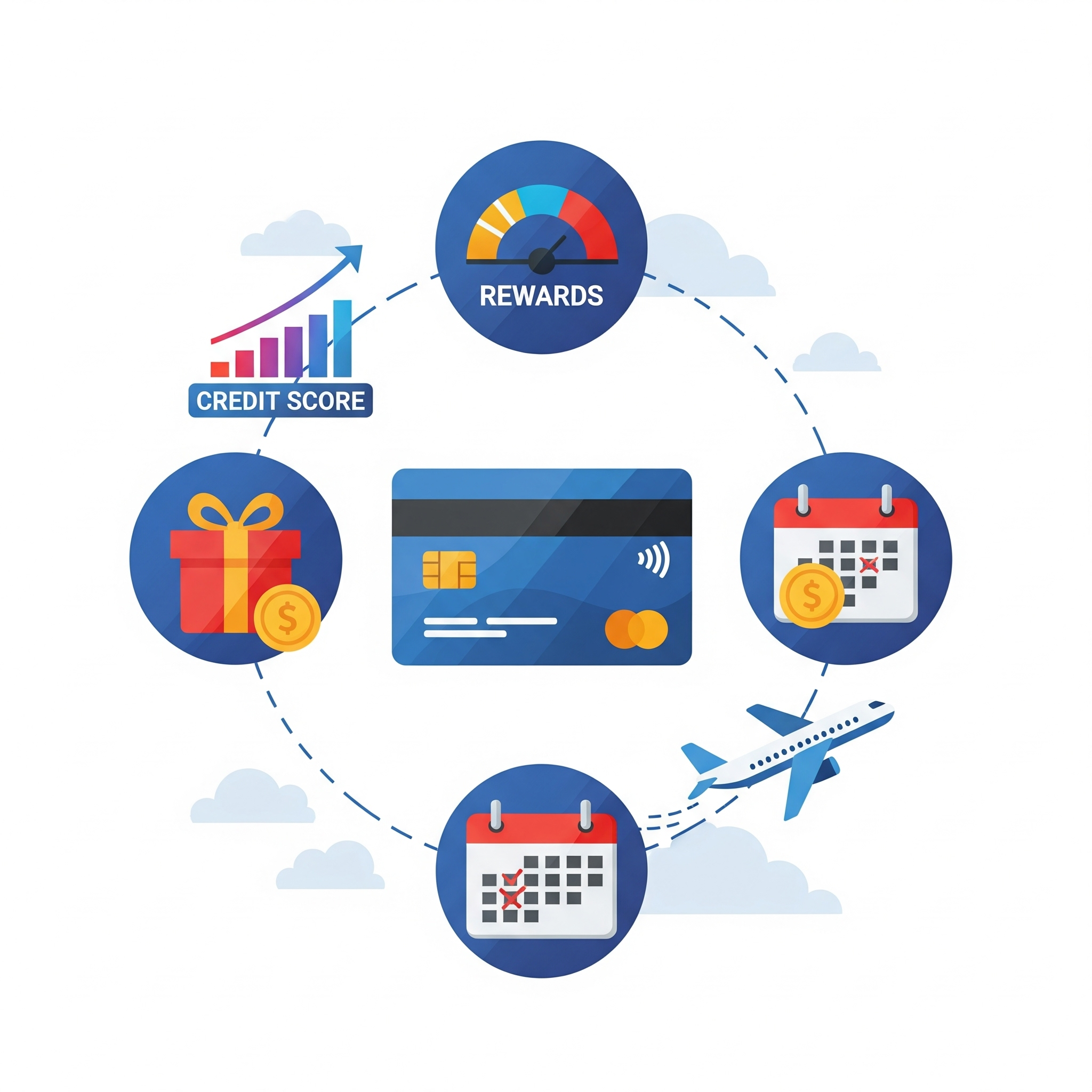 신용카드의 장점인 신용점수 상승, 높은 혜택(피킹률), 무이자 할부, 부가 서비스를 보여주는 아이콘