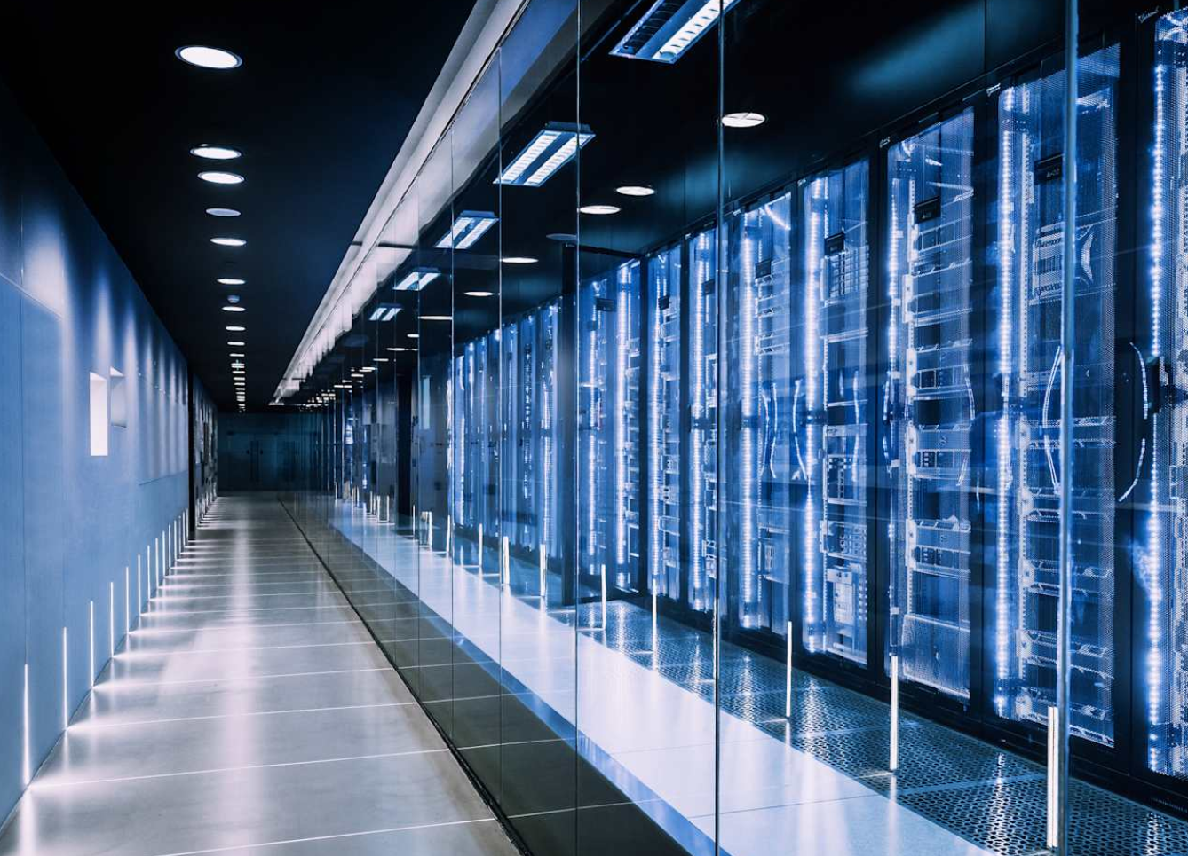 A modern data center featuring rows of server racks.