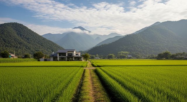 농지에 설치된 모듈러주택과 농촌 전원주택 풍경
