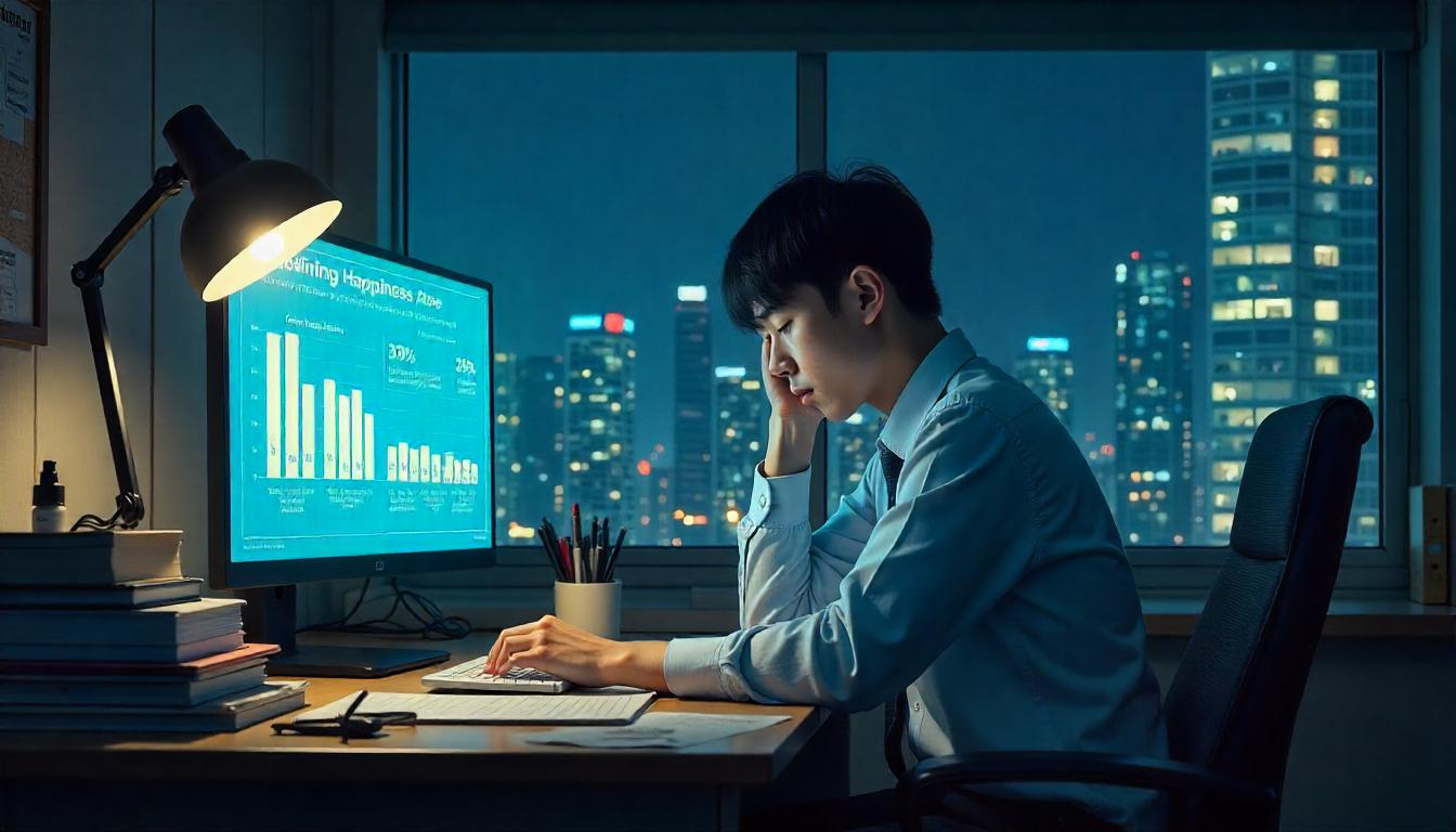 야근 중인 젊은 한국 직장인의 피로한 모습