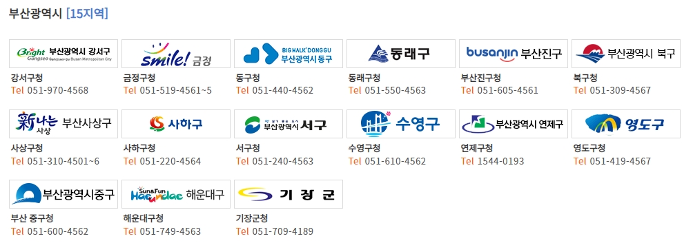 부산광역시의 다양한 구별 신청 버튼이 나열된 리스트 화면