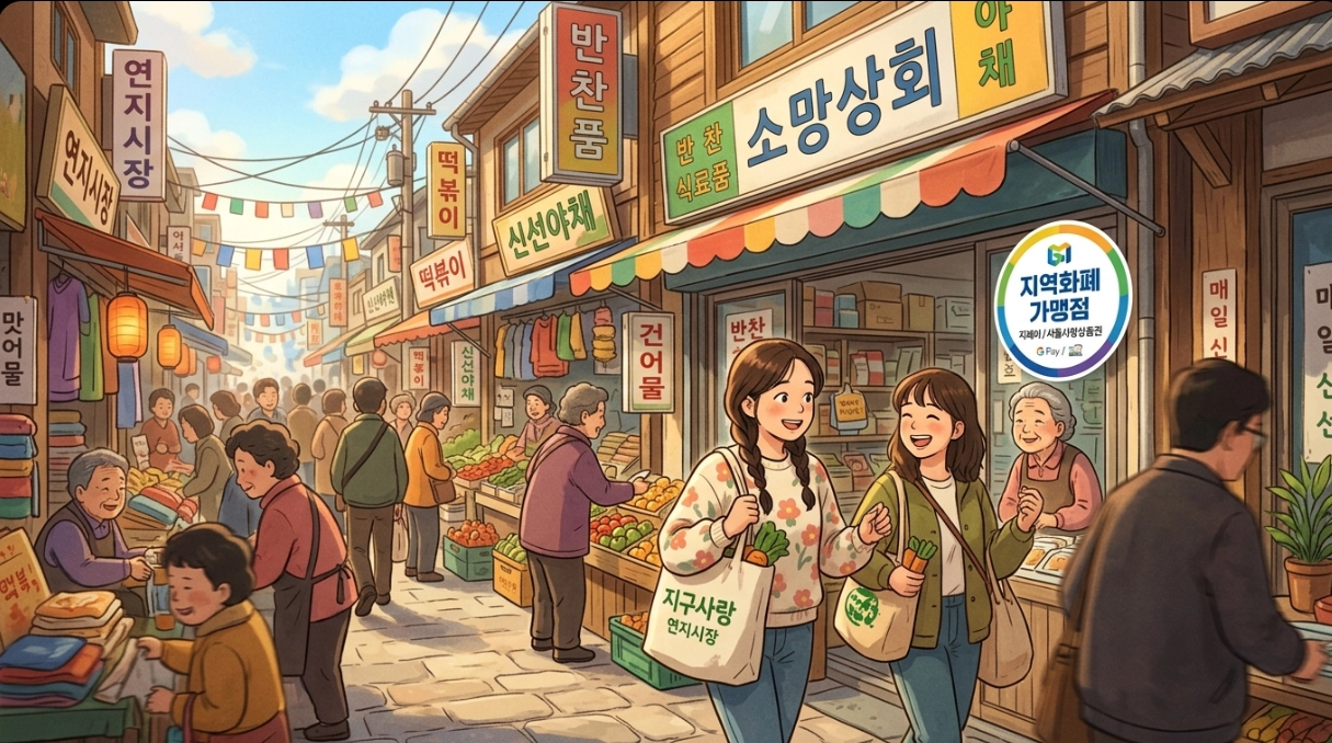 지역화폐 가맹정 스티커가 보이는 시장 골목을 표현한 이미지