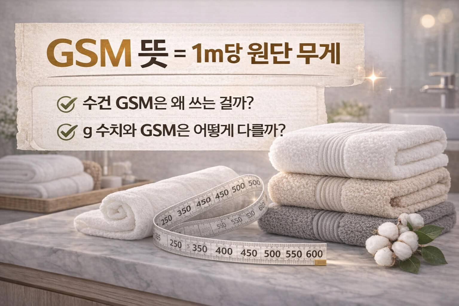수건 무게와 면적에 따라 두께감 해석이 달라지는 예시 이미지