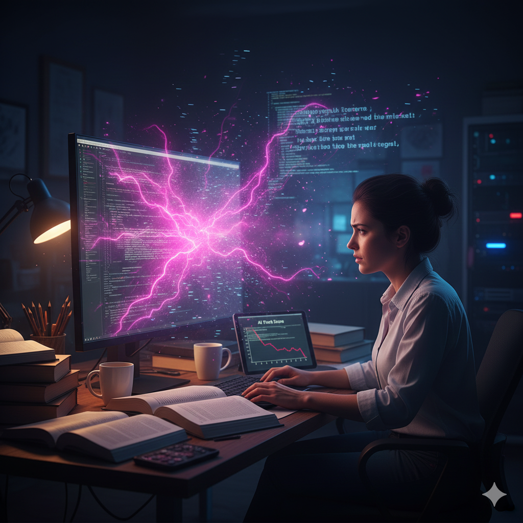 어두운 방에서 젊은 여성 프로그래머가 컴퓨터 앞에 앉아 집중하고 있다. 큰 모니터에는 코드와 함께 핑크색 번개 모양의 에너지 폭발 효과가 터져 나오며, 그녀의 얼굴을 비춘다. 옆에는 노트북에 'AI Truth Score' 그래프가 표시되어 있고, 책과 커피가 놓인 책상 위에서 그녀는 키보드를 두드리고 있다. 신비롭고 강렬한 분위기.