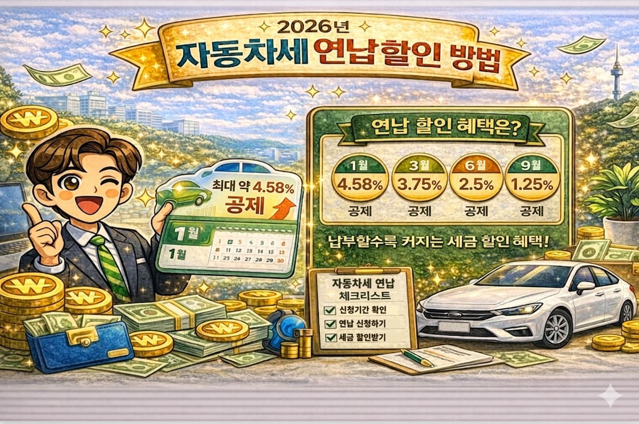 2026년 자동차세 연납 할인율 안내 이미지. 1월 4.58%, 3월 3.75%, 6월 2.5%, 9월 1.25% 공제 혜택과 자동차세 연납 체크리스트를 설명하는 카이로스랩의 인포그래픽.