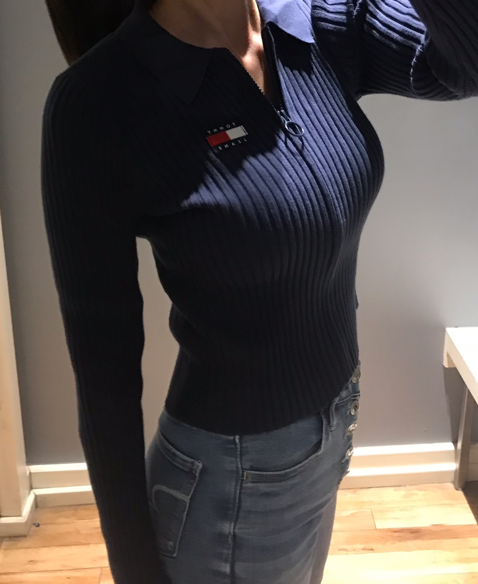 타미힐피거 우먼 카라넥 골지 니트 집업