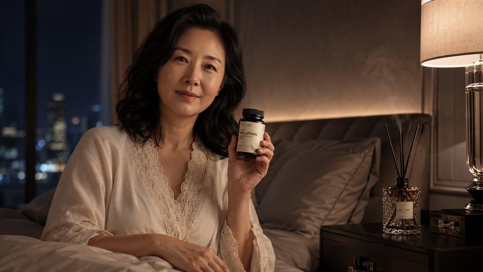 4050 갱년기 불면증 해결을 위해 편안한 조명의 침실에서 식물성 멜라토닌 수면 영양제를 확인하는 중년 여성의 모습. 곁에는 뇌파를 다독이는 후각 테라피용 웰니스 실내 방향제가 함께 있습니다.