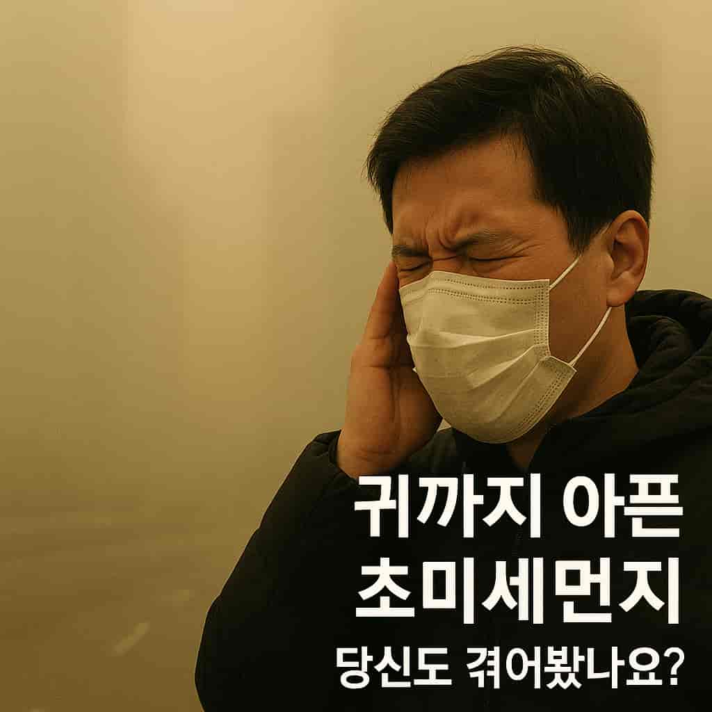 초미세먼지 때문에 귀가 아파서 얼굴을 징그리는 남자의 이미지