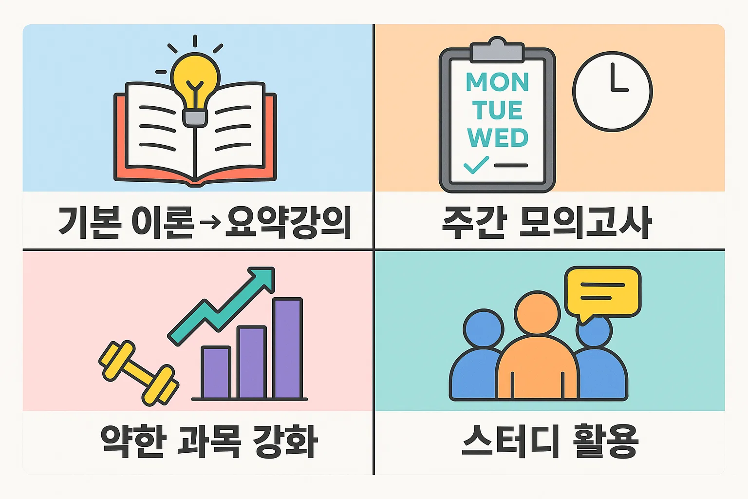 기본 이론에서 요약강의, 주간 모의고사, 약한 과목 보완, 스터디 활용까지 단계별 학습 루틴을 정리한 사회복지사 1급 합격전략 인포그래픽