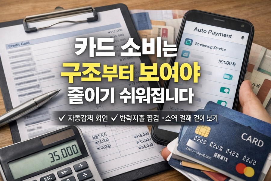 2026 카드 소비 줄이는 방법을 위해 자동결제, 반복지출, 소액 결제를 한눈에 점검하는 구조를 설명하는 이미지