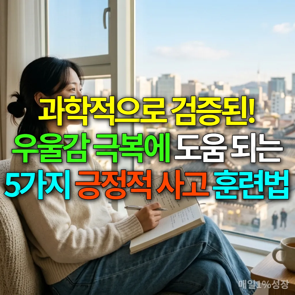 창가에 앉아 감사 일기를 쓰는 평온한 한국 여성의 모습