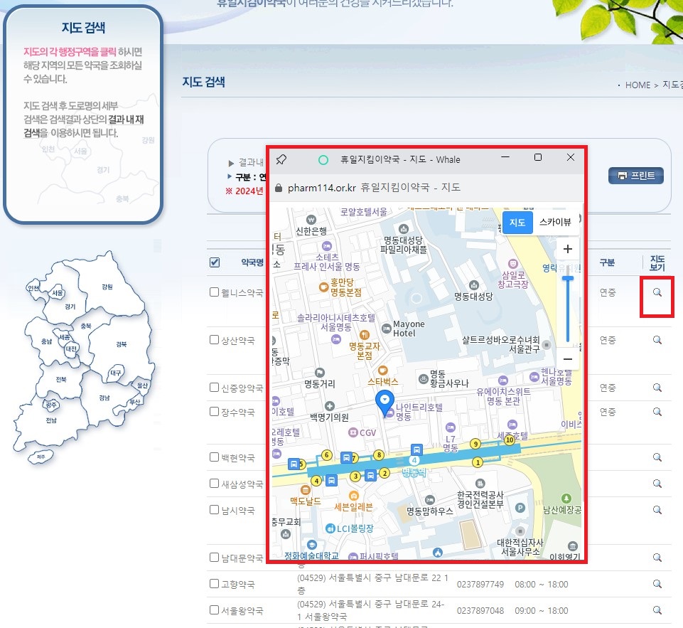 휴일지킴이약국 지도로 확인