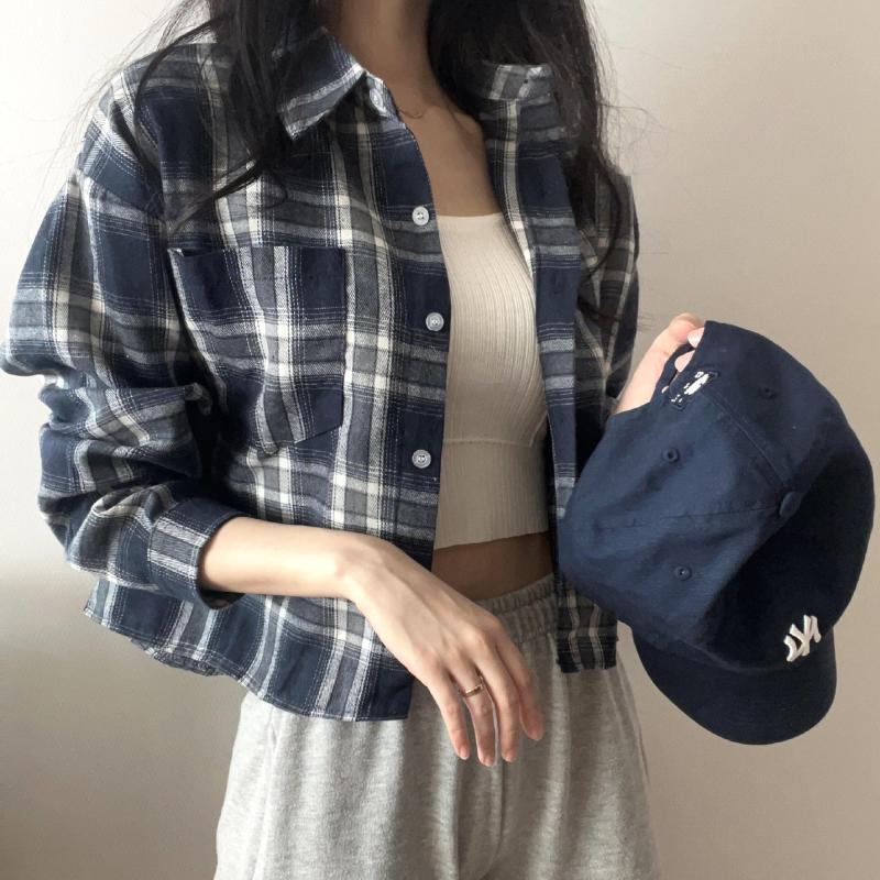 여성 크롭 체크남방 셔츠 블라우스 긴팔티