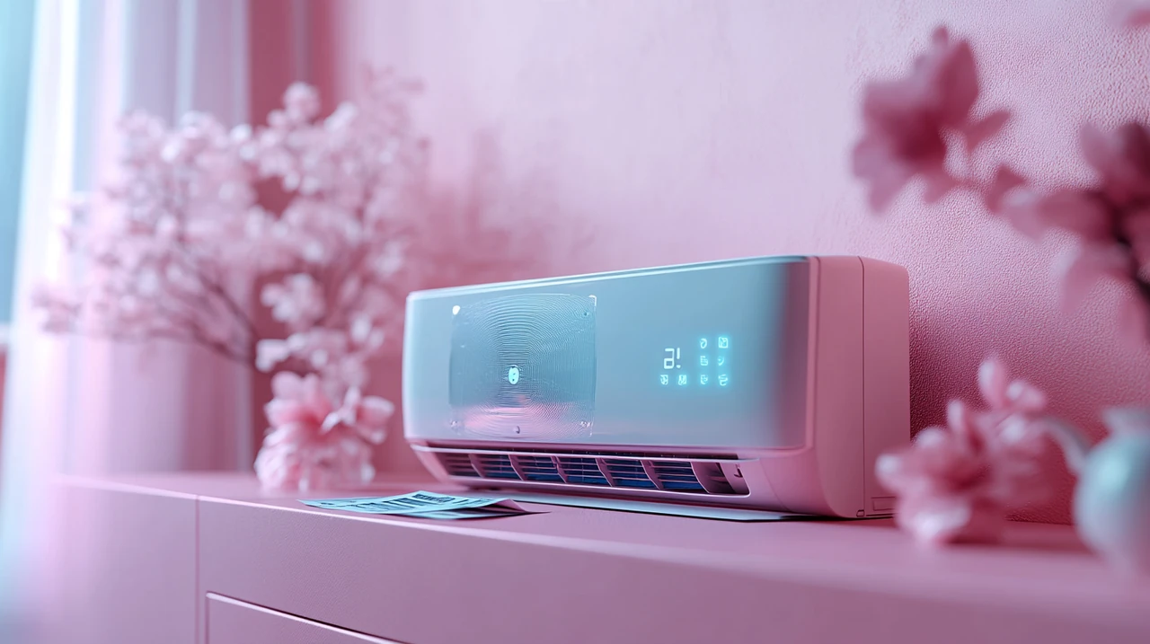 최첨단 AI 인터페이스와 연동된 벽걸이 에어컨이 실내에서 에너지 절약의 새로운 기준을 보여줍니다. 에너지 효율성과 혁신성의 조화를 나타냅니다.