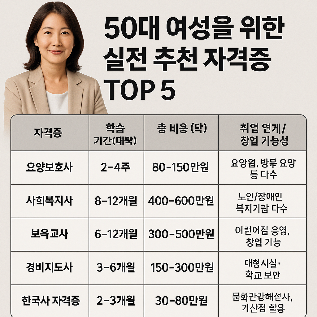 50대 여성을 위한 자격증 비교 인포그래픽. 각 자격증의 학습 기간&amp;#44; 비용&amp;#44; 취업 연계 가능성을 한눈에 보여주는 표 형식의 그래픽으로&amp;#44; 요양보호사&amp;#44; 사회복지사&amp;#44; 보육교사&amp;#44; 경비지도사&amp;#44; 한국사 자격증 정보가 아이콘과 함께 시각적으로 정리되어 있음