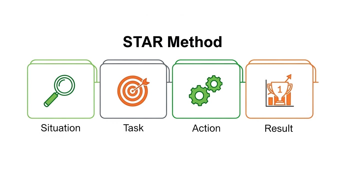 STAR 기법의 'Situation, Task, Action, Result' 네 가지 단계를 순서대로 보여주는 시각 자료. 특정 경험을 구조적으로 분석하는 과정을 나타냅니다.