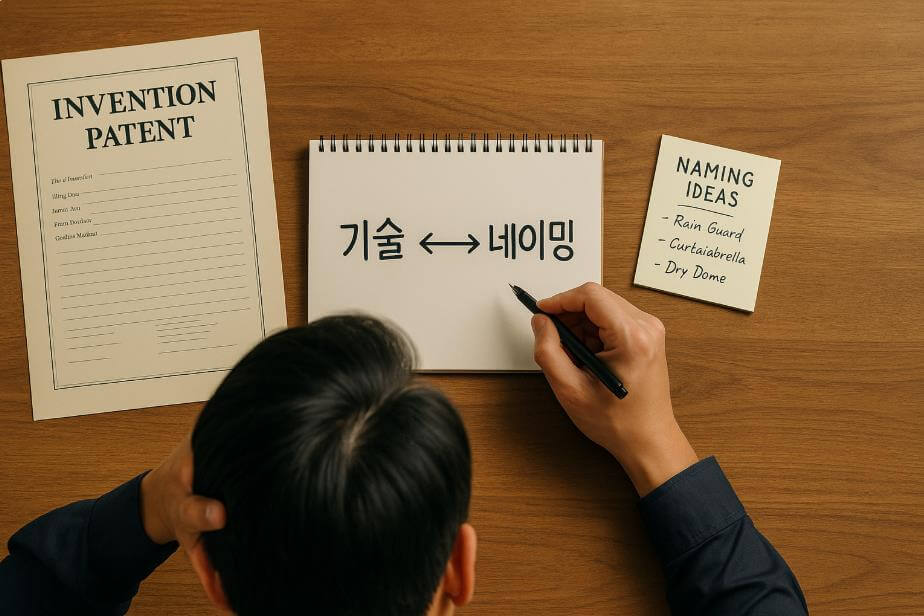 발명 성공 여부가 기술과 네이밍에 달려 있음을 상징하는 장면