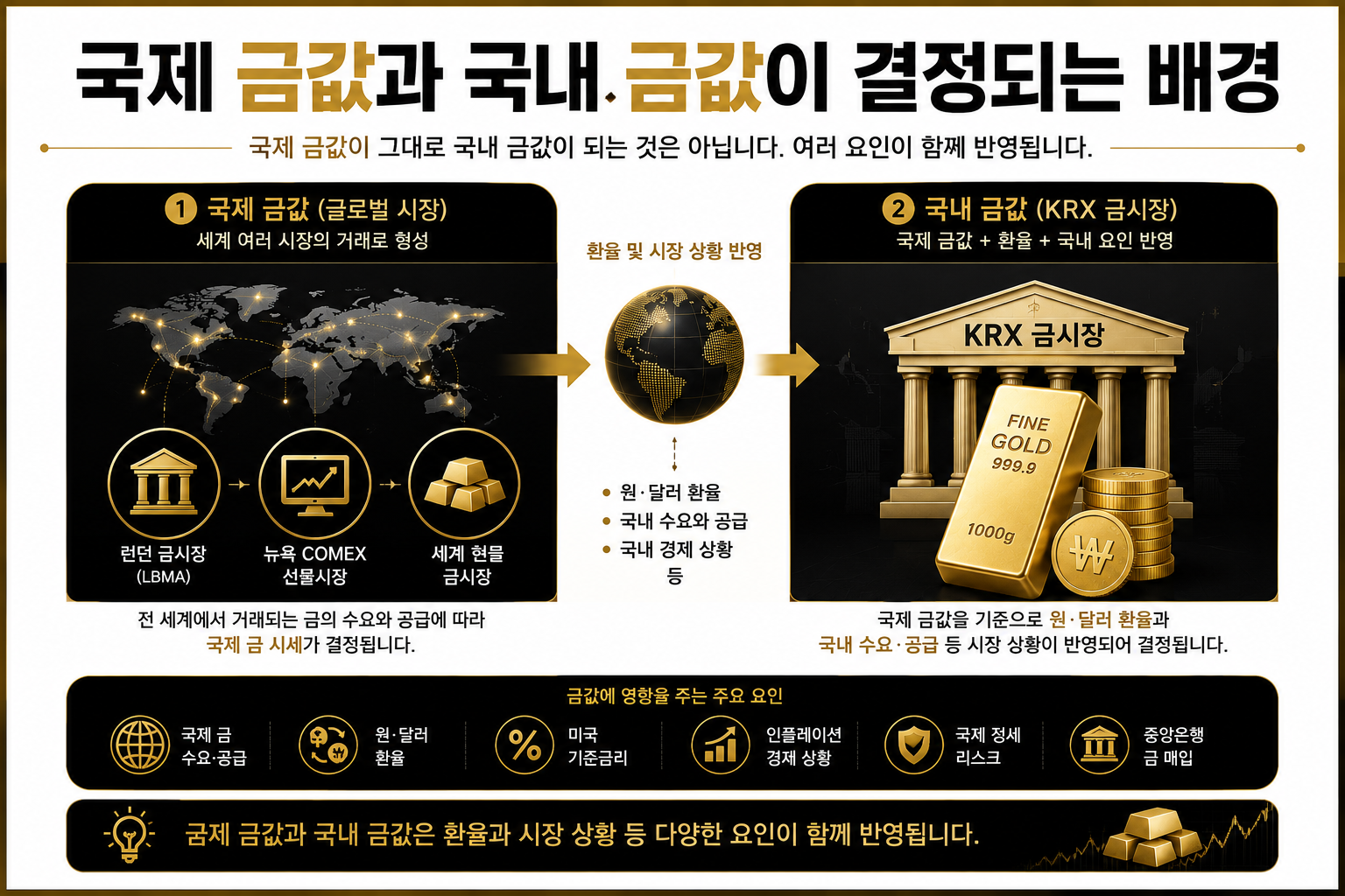 국제 금값과 국내 금값이 결정되는 과정을 정리한 인포그래픽