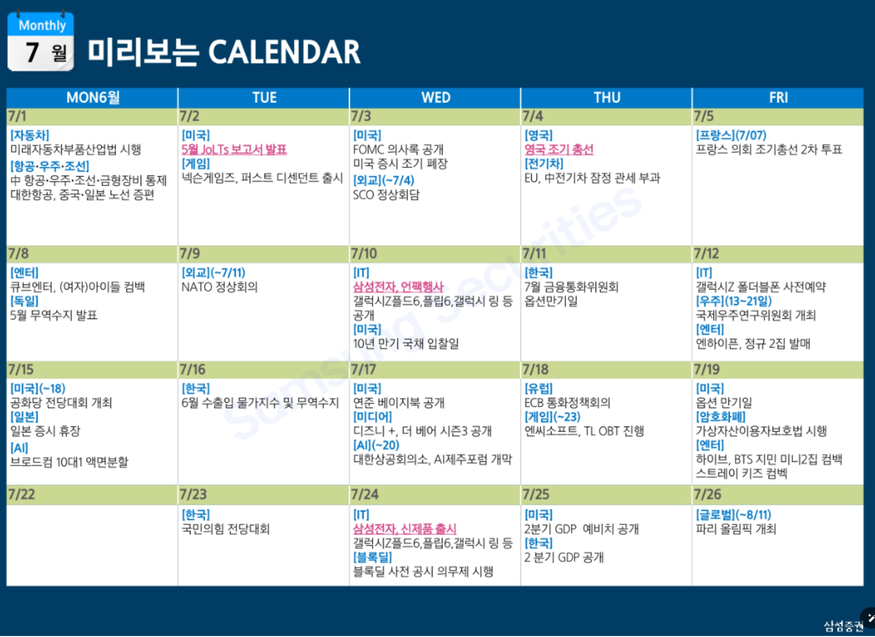 2024년 7월 삼성증권 증시 캘린더