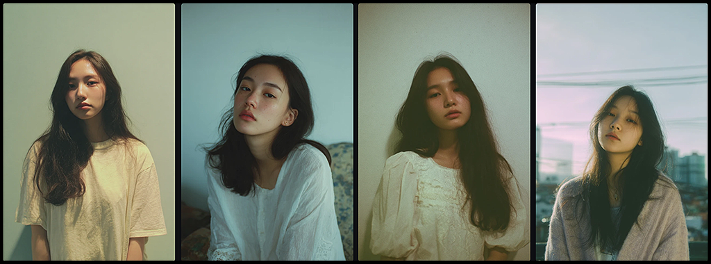 P 코드가 적용된 Midjourney 이미지로, 특정 스타일 지시 없이도 일관된 톤과 감성이 유지된 인물 예시_Midjourney