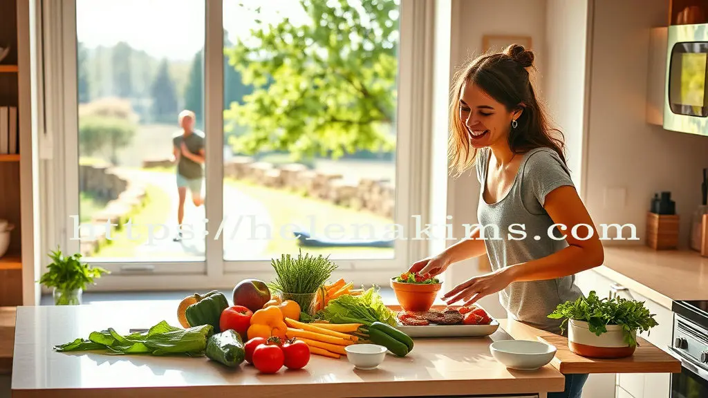 정원에서 운동하는 사람과 주방에서 요리하는 주부의 모습.