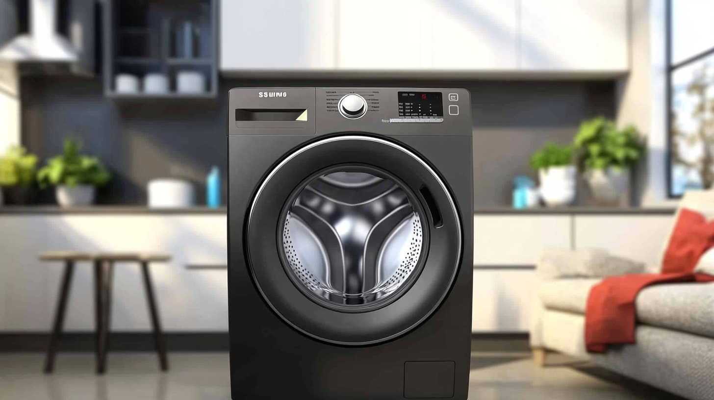 밝고 현대적인 주방 환경에서 배치된 삼성 WA70M4300HP와 LG T7281NDDL, 저가형 세탁기의 비교를 보여주는 이미지.