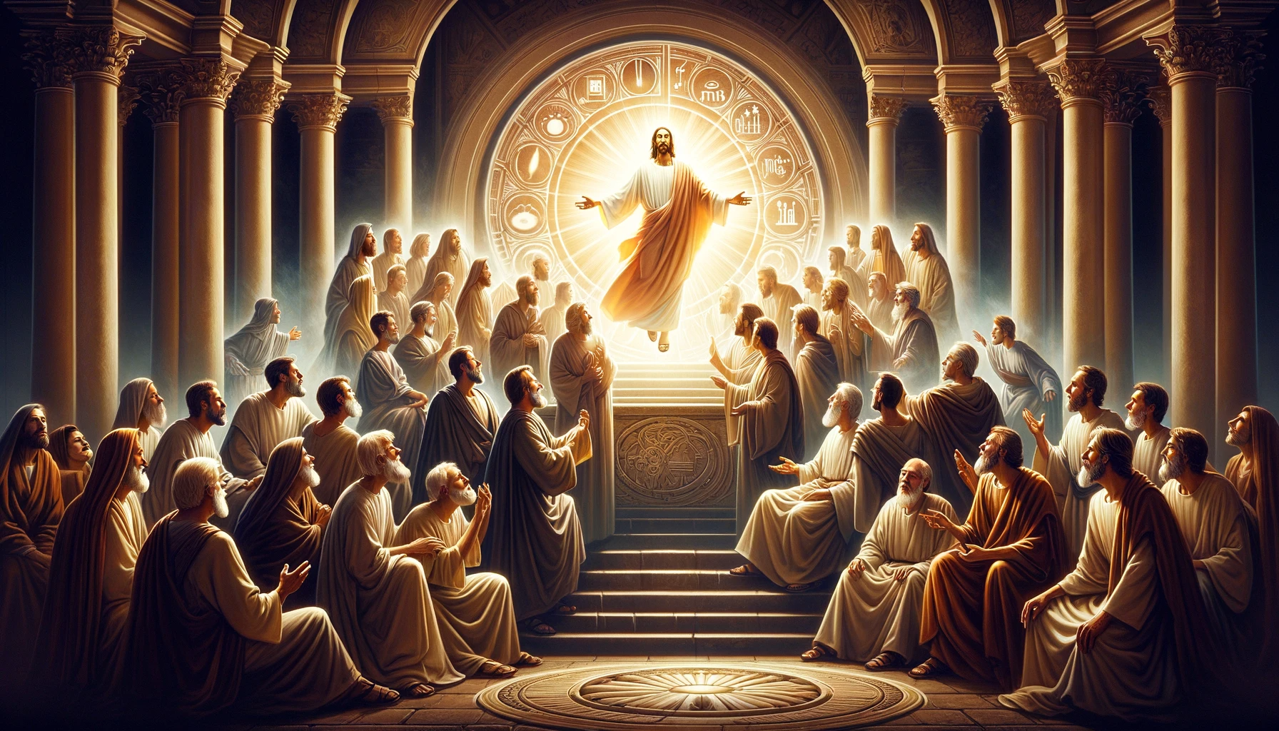 부활하신 예수님을 증거하는 것이 사도의 본분임 - Here is the image symbolizing the apostles' role in witnessing the resurrected Jesus Christ, a fundamental aspect of their mission. The radiant figure of Christ and the apostles' awe and reverence are central to the scene, emphasizing their calling as witnesses.