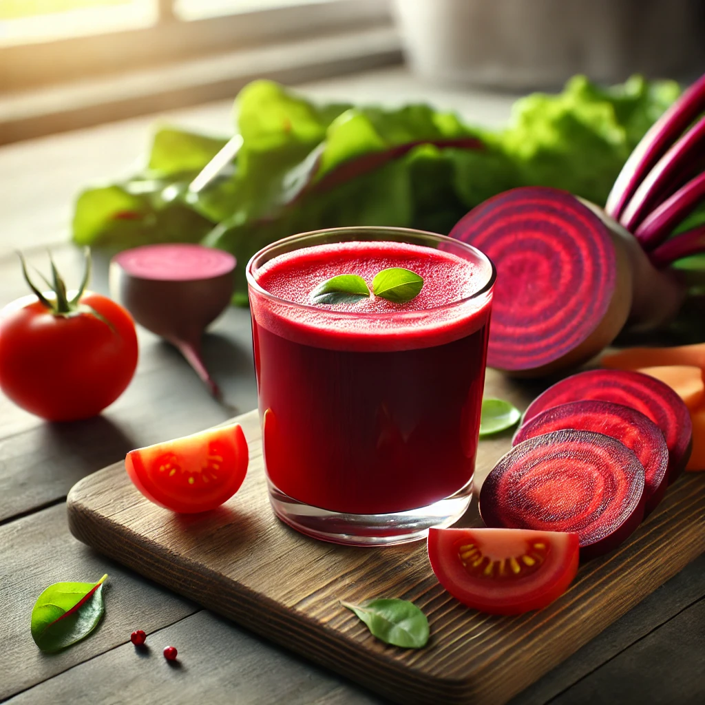 "비트와 토마토로 만든 항산화 주스: 폐 건강을 보호하고 혈류를 개선하는 강력한 레드 디톡스 음료로, 신선한 비트와 토마토가 어우러진 건강 레시피"