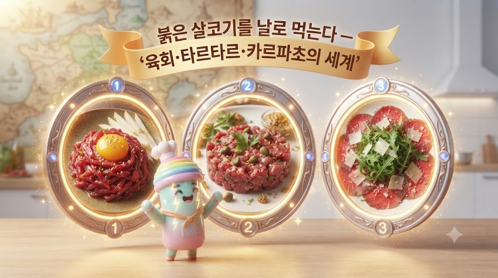 쫀쿠 캐릭터가 호기심 어린 눈빛으로 거대한 세 개의 접시를 바라보고 있습니다. 각 접시에는 한국의 육회(배와 노른자), 프랑스의 스테이크 타르타르(케이퍼와 머스터드), 이탈리아의 카르파초(루꼴라와 치즈)가 먹음직스럽게 담겨 있습니다. 배경으로는 고대 벽화와 현대적인 주방이 공존하며, 날고기 요리가 인류 역사와 함께해온 오랜 문화임을 암시하는 시간 여행 포털이 열려 있습니다.