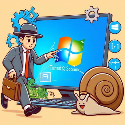 달팽이와 함께 느린 부팅 속도를 확인 중인 직장인