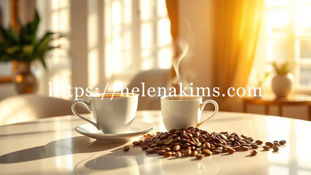 햇살을 받은 우아한 디카페인 커피잔 옆에 따뜻한 허브차 한 잔과 소량의 건강한 커피 원두가 조화롭게 놓여 있는 이미지.